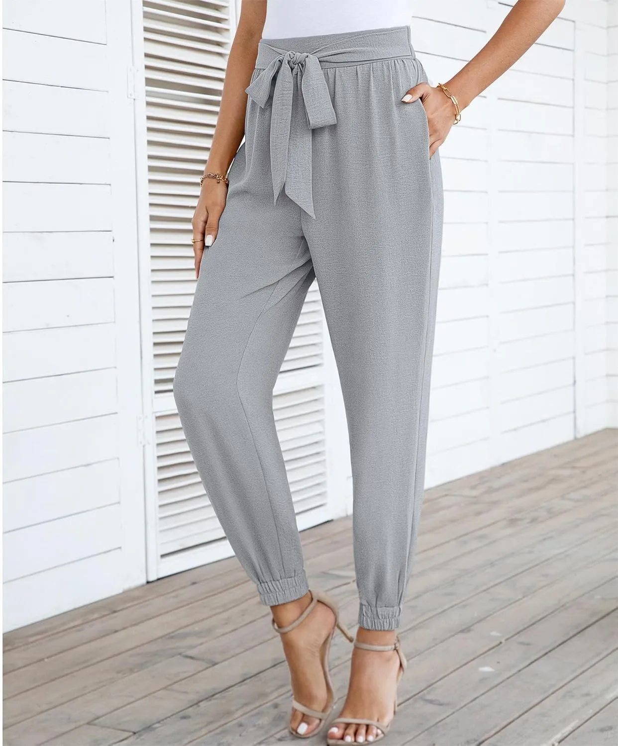 Womens High Waist Dressy Joggers Bow-Knot Loose Business Casual Pants for Work Tapered Trousers with Pockets