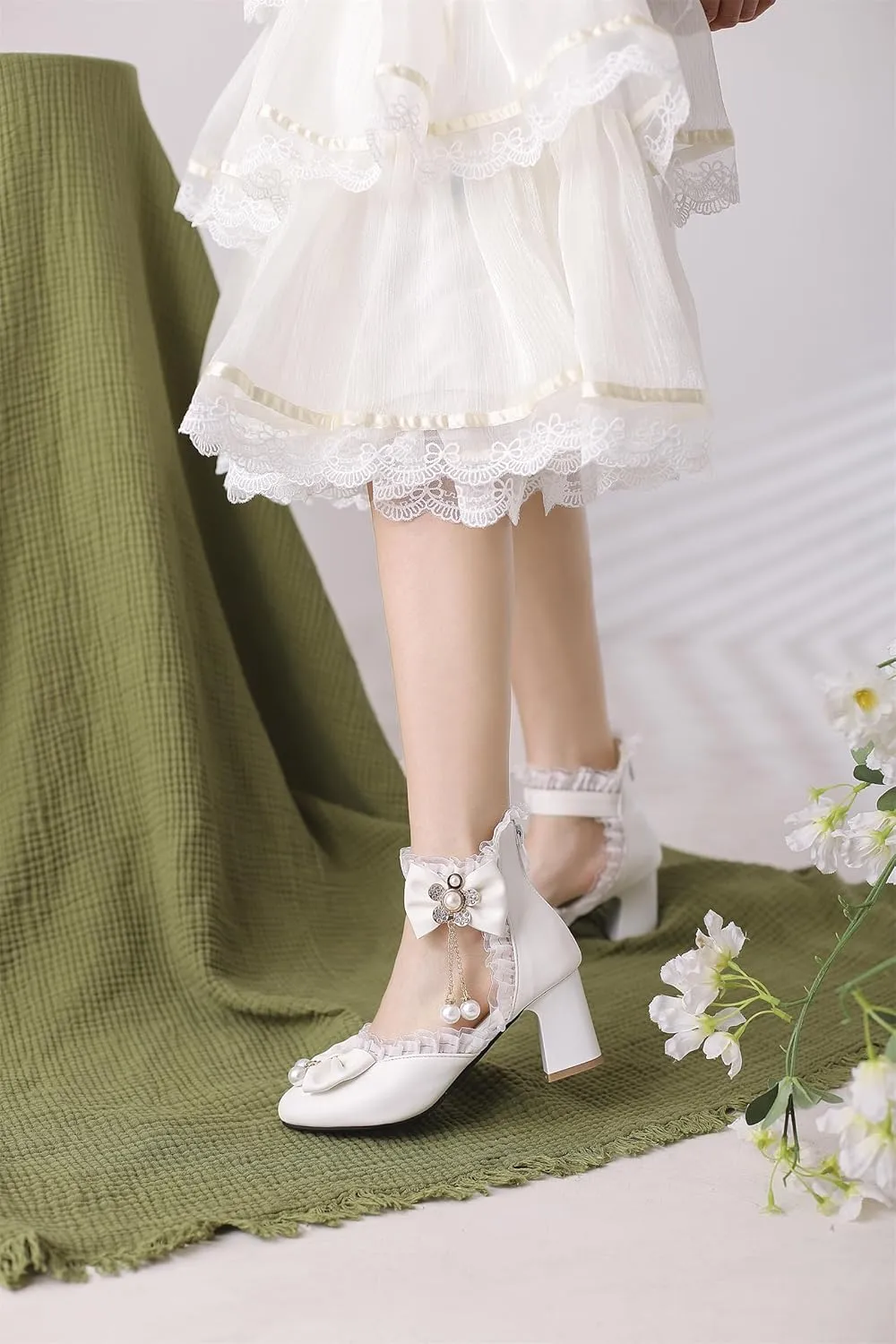 Women’s Kawaii Double Bow Tie Lolita Mary Jane D'Orsay Closed Pointed Toe Shoes Pearl Ankle Strap Zipper High Block Heel Lace Rhinestone Metallic Sweet Cute Pumps