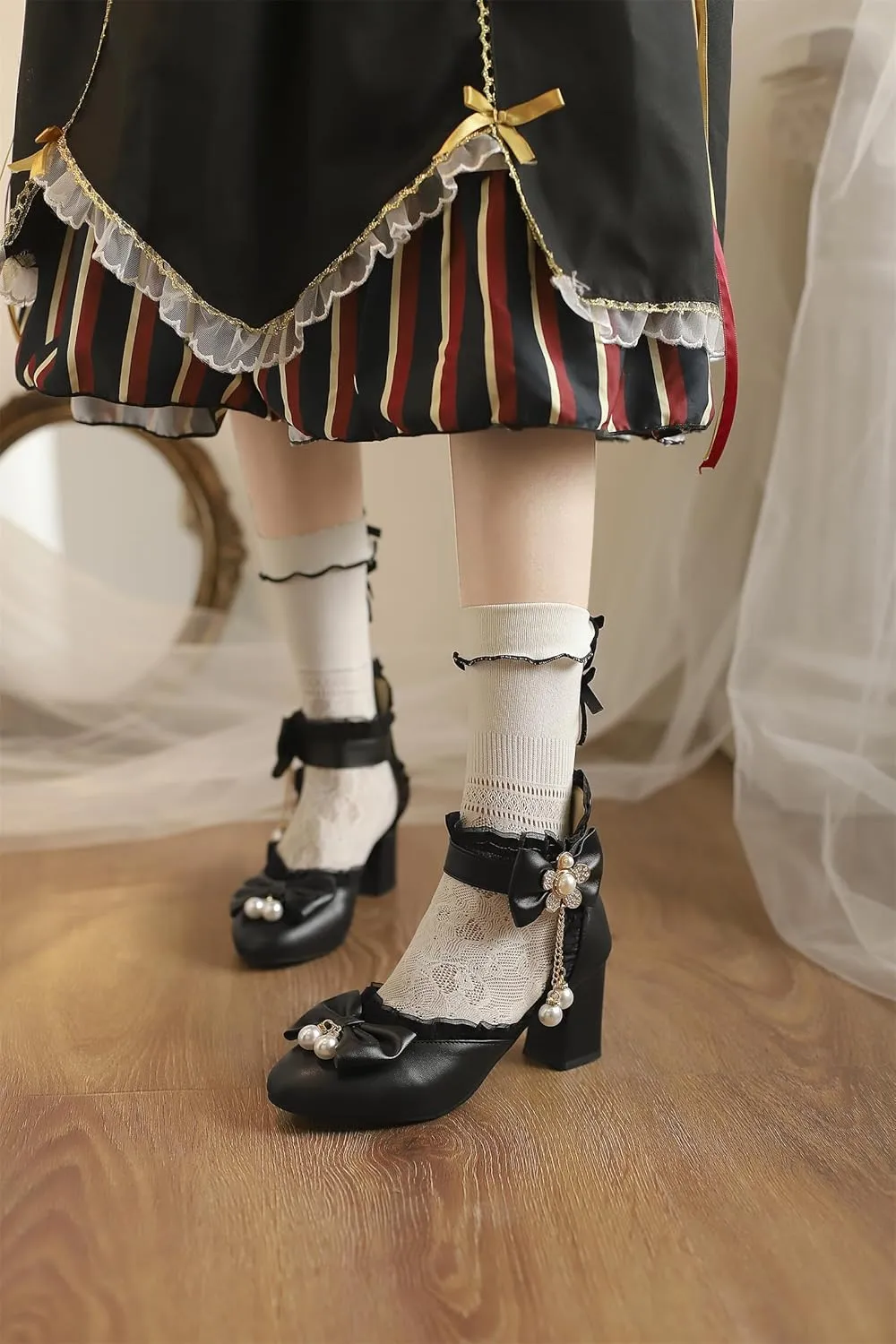 Women’s Kawaii Double Bow Tie Lolita Mary Jane D'Orsay Closed Pointed Toe Shoes Pearl Ankle Strap Zipper High Block Heel Lace Rhinestone Metallic Sweet Cute Pumps