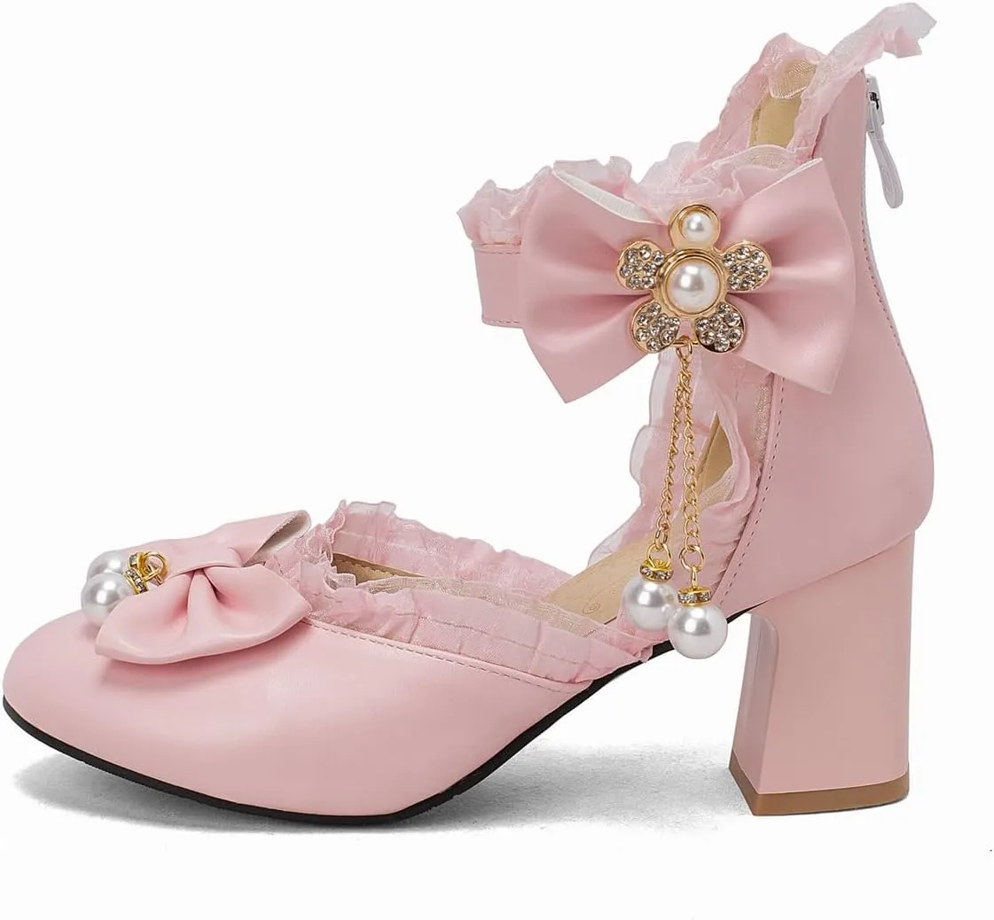 Women’s Kawaii Double Bow Tie Lolita Mary Jane D'Orsay Closed Pointed Toe Shoes Pearl Ankle Strap Zipper High Block Heel Lace Rhinestone Metallic Sweet Cute Pumps