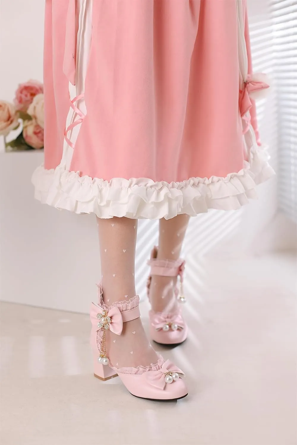 Women’s Kawaii Double Bow Tie Lolita Mary Jane D'Orsay Closed Pointed Toe Shoes Pearl Ankle Strap Zipper High Block Heel Lace Rhinestone Metallic Sweet Cute Pumps