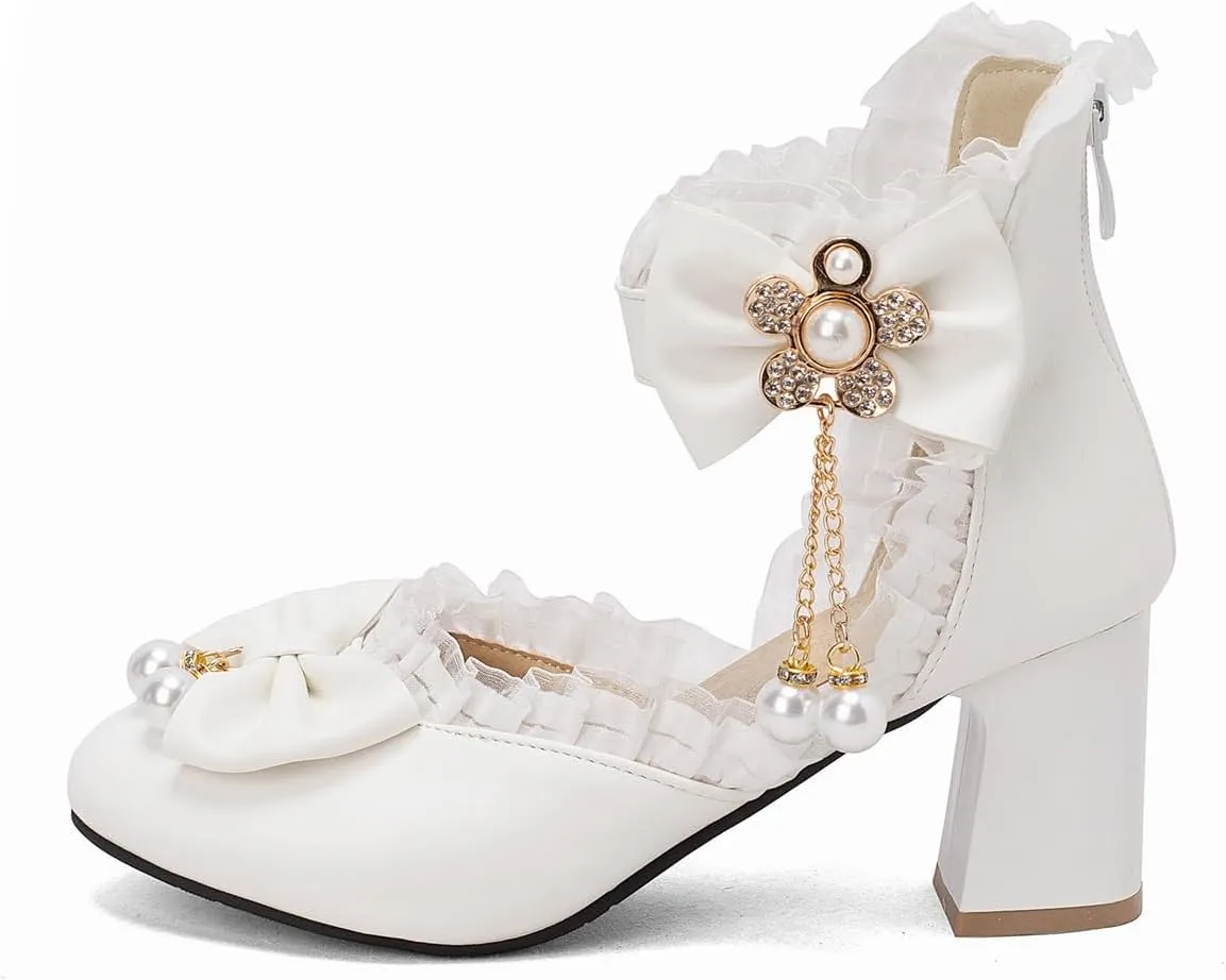 Women’s Kawaii Double Bow Tie Lolita Mary Jane D'Orsay Closed Pointed Toe Shoes Pearl Ankle Strap Zipper High Block Heel Lace Rhinestone Metallic Sweet Cute Pumps