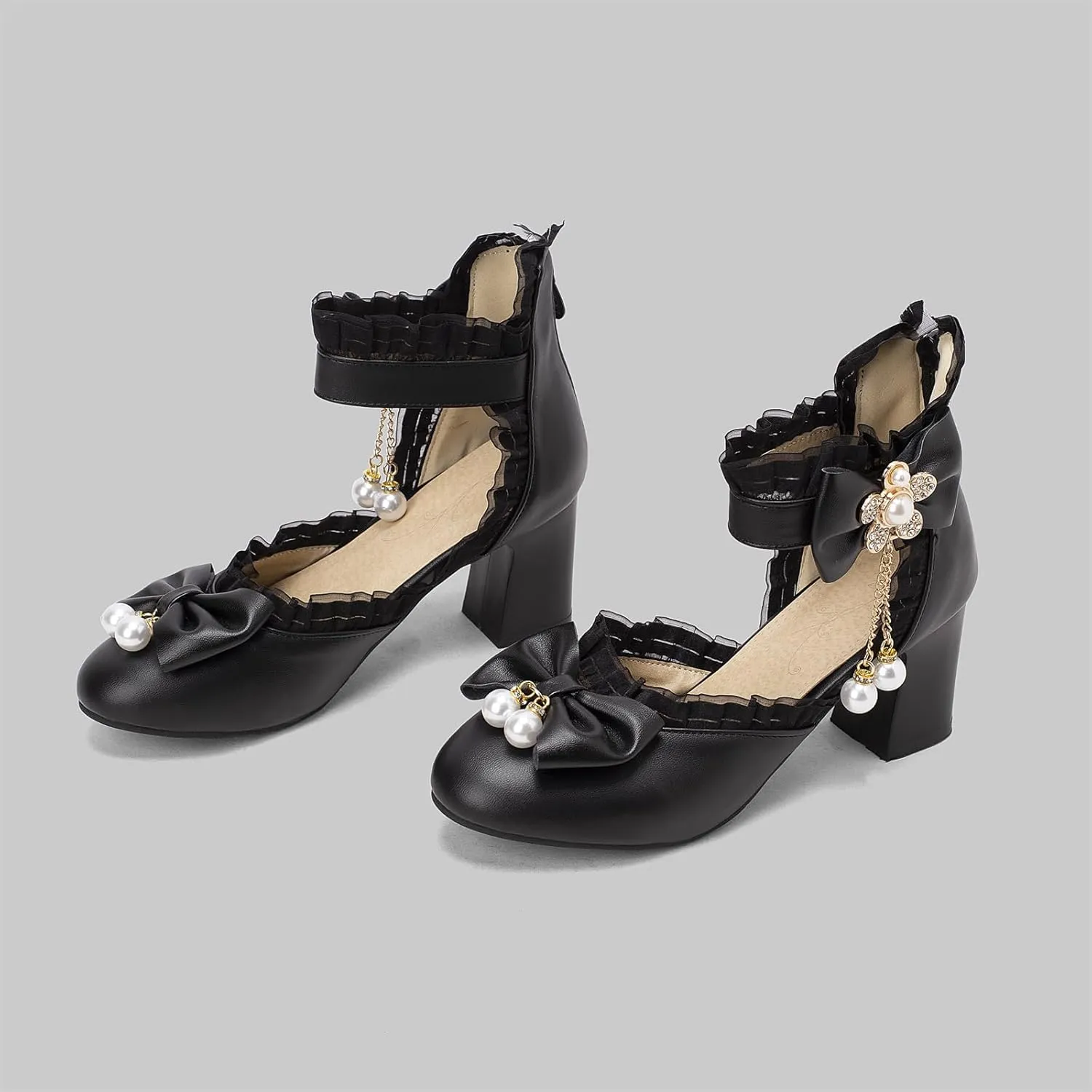 Women’s Kawaii Double Bow Tie Lolita Mary Jane D'Orsay Closed Pointed Toe Shoes Pearl Ankle Strap Zipper High Block Heel Lace Rhinestone Metallic Sweet Cute Pumps