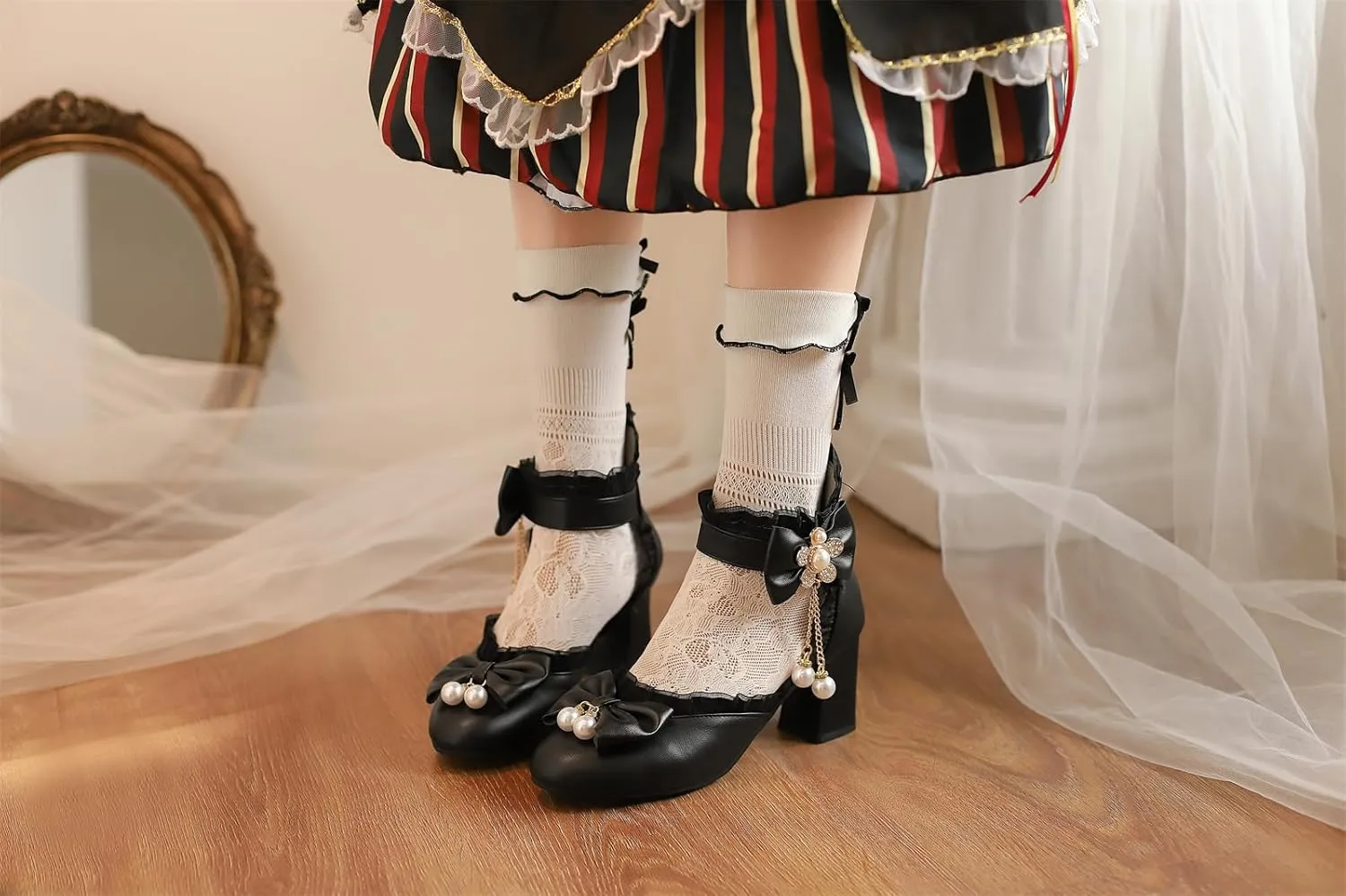Women’s Kawaii Double Bow Tie Lolita Mary Jane D'Orsay Closed Pointed Toe Shoes Pearl Ankle Strap Zipper High Block Heel Lace Rhinestone Metallic Sweet Cute Pumps
