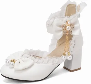 Women’s Kawaii Double Bow Tie Lolita Mary Jane D'Orsay Closed Pointed Toe Shoes Pearl Ankle Strap Zipper High Block Heel Lace Rhinestone Metallic Sweet Cute Pumps
