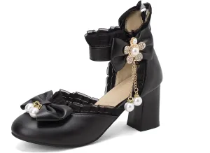Women’s Kawaii Double Bow Tie Lolita Mary Jane D'Orsay Closed Pointed Toe Shoes Pearl Ankle Strap Zipper High Block Heel Lace Rhinestone Metallic Sweet Cute Pumps