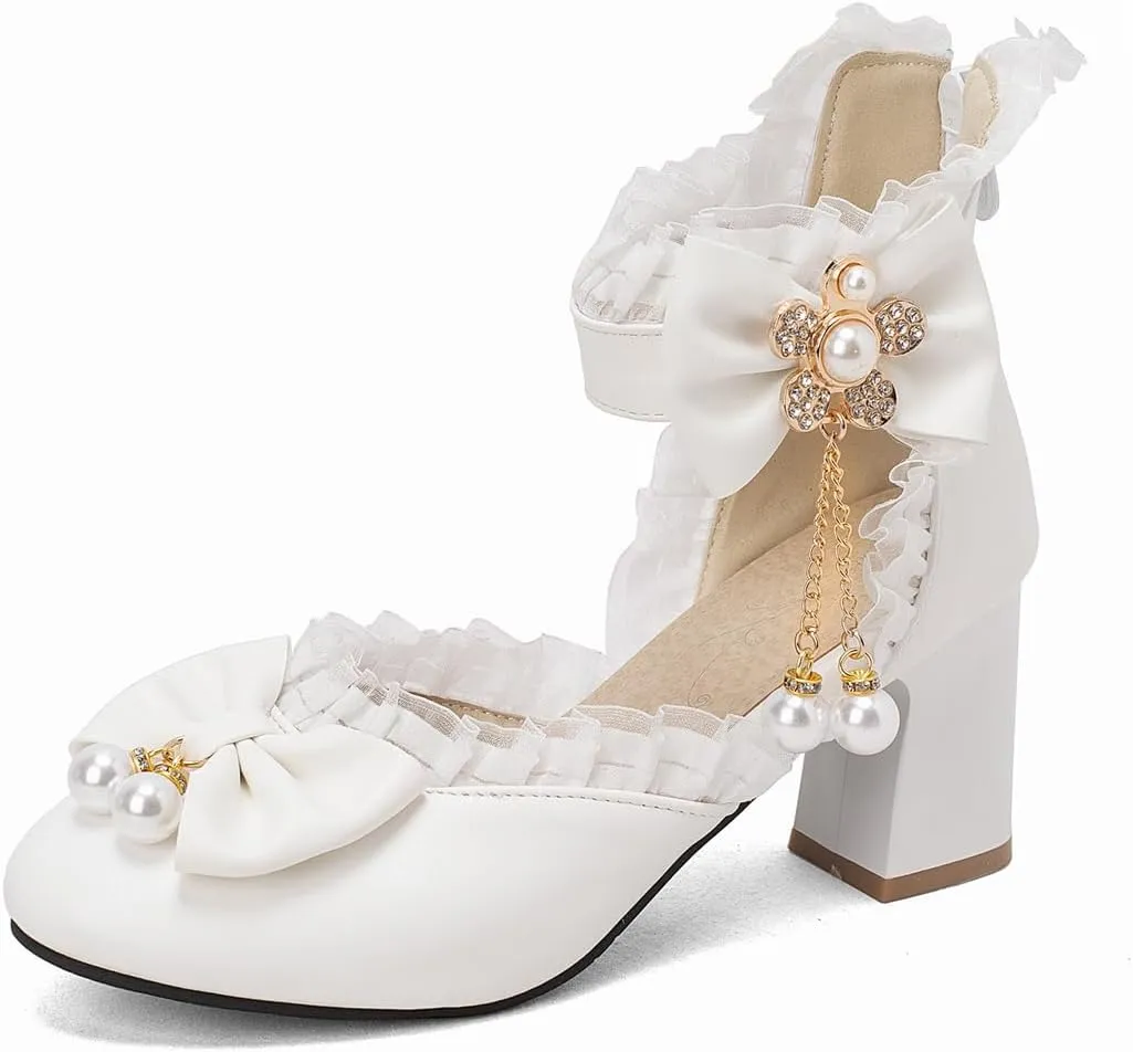 Women’s Kawaii Double Bow Tie Lolita Mary Jane D'Orsay Closed Pointed Toe Shoes Pearl Ankle Strap Zipper High Block Heel Lace Rhinestone Metallic Sweet Cute Pumps