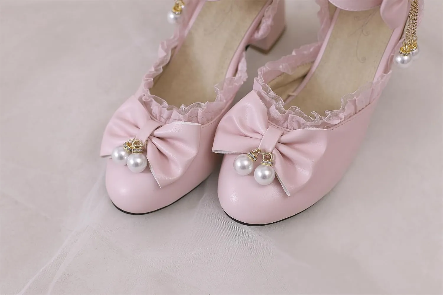 Women’s Kawaii Double Bow Tie Lolita Mary Jane D'Orsay Closed Pointed Toe Shoes Pearl Ankle Strap Zipper High Block Heel Lace Rhinestone Metallic Sweet Cute Pumps