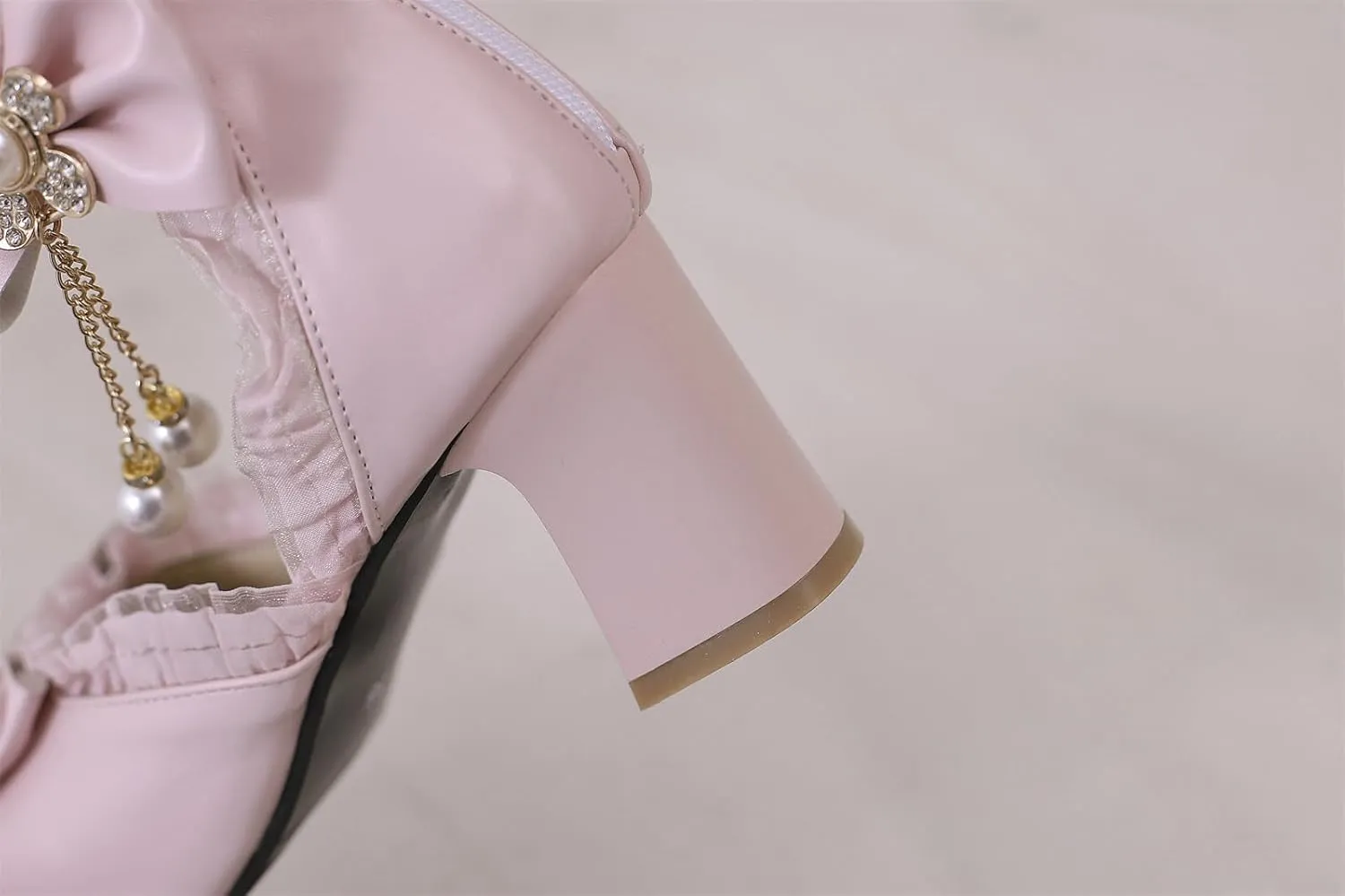 Women’s Kawaii Double Bow Tie Lolita Mary Jane D'Orsay Closed Pointed Toe Shoes Pearl Ankle Strap Zipper High Block Heel Lace Rhinestone Metallic Sweet Cute Pumps