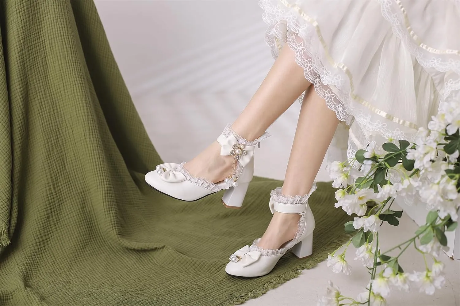 Women’s Kawaii Double Bow Tie Lolita Mary Jane D'Orsay Closed Pointed Toe Shoes Pearl Ankle Strap Zipper High Block Heel Lace Rhinestone Metallic Sweet Cute Pumps