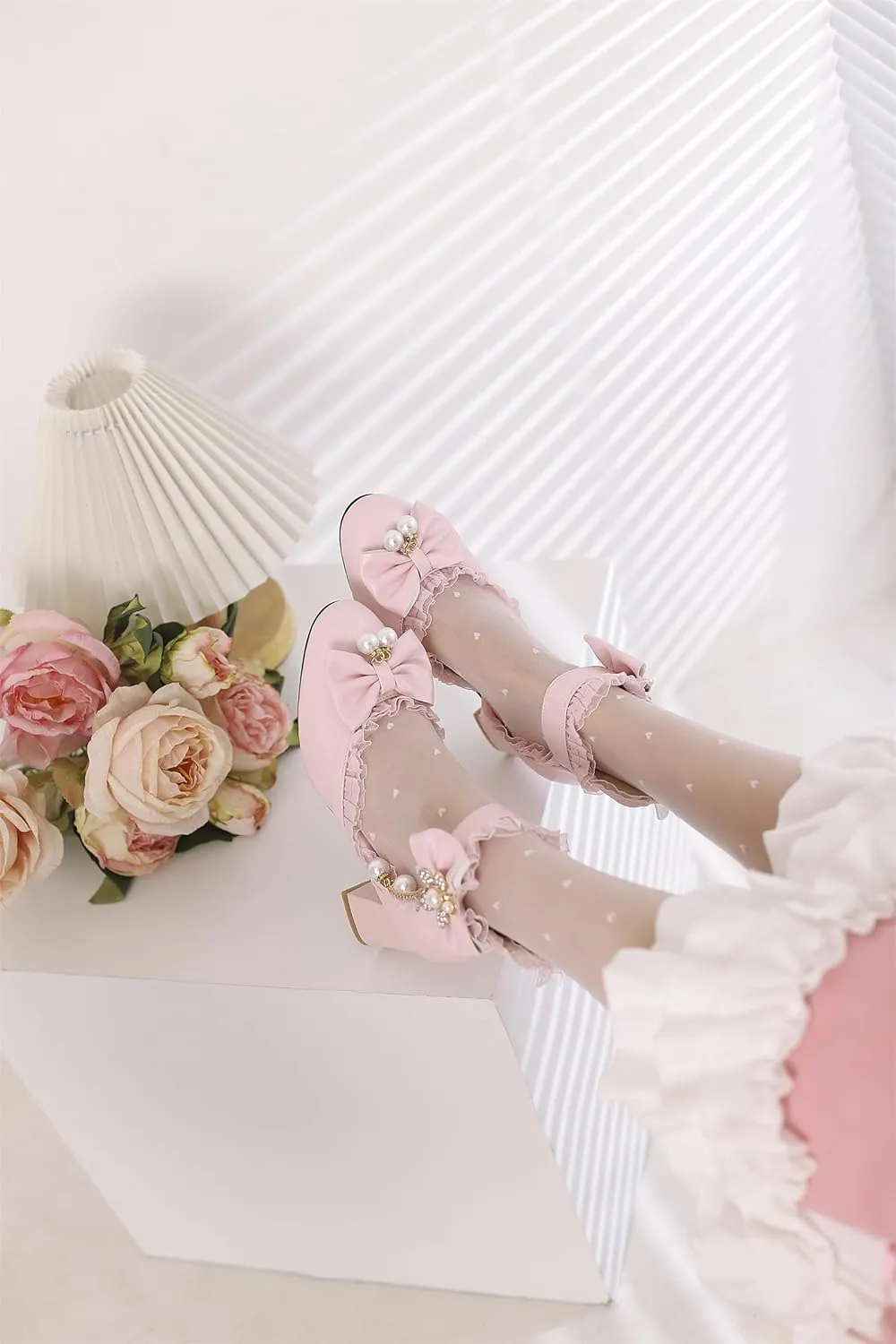Women’s Kawaii Double Bow Tie Lolita Mary Jane D'Orsay Closed Pointed Toe Shoes Pearl Ankle Strap Zipper High Block Heel Lace Rhinestone Metallic Sweet Cute Pumps