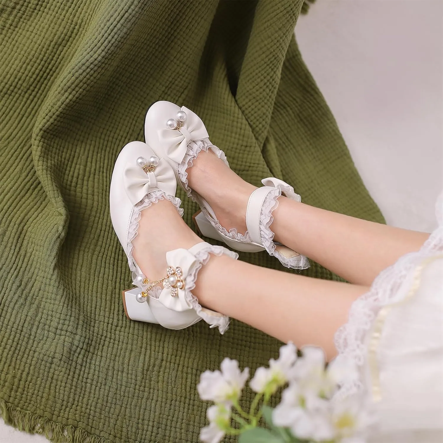 Women’s Kawaii Double Bow Tie Lolita Mary Jane D'Orsay Closed Pointed Toe Shoes Pearl Ankle Strap Zipper High Block Heel Lace Rhinestone Metallic Sweet Cute Pumps
