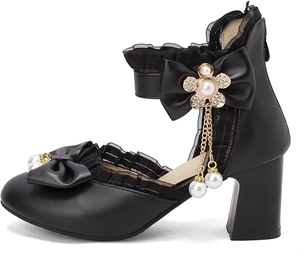 Women’s Kawaii Double Bow Tie Lolita Mary Jane D'Orsay Closed Pointed Toe Shoes Pearl Ankle Strap Zipper High Block Heel Lace Rhinestone Metallic Sweet Cute Pumps