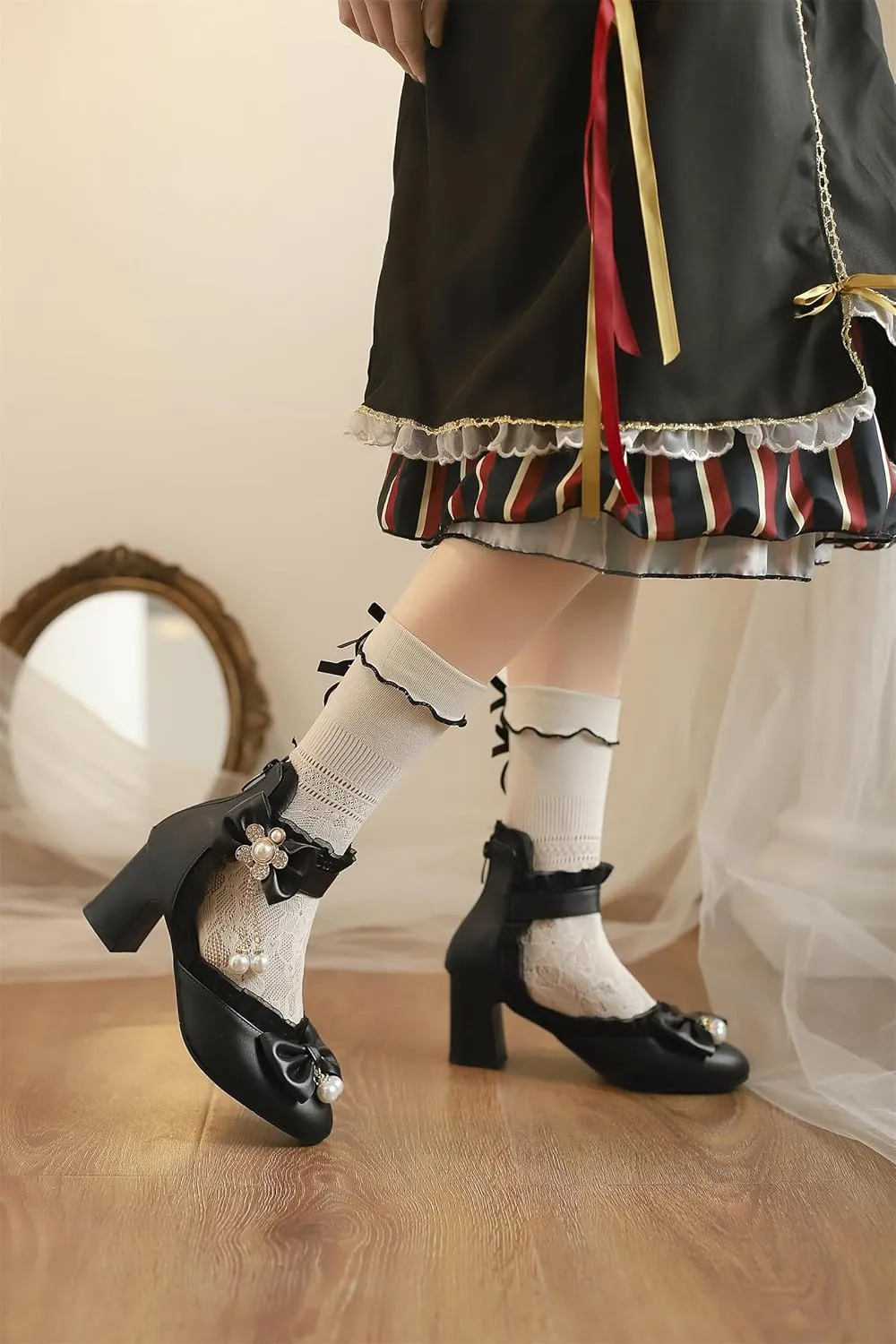 Women’s Kawaii Double Bow Tie Lolita Mary Jane D'Orsay Closed Pointed Toe Shoes Pearl Ankle Strap Zipper High Block Heel Lace Rhinestone Metallic Sweet Cute Pumps