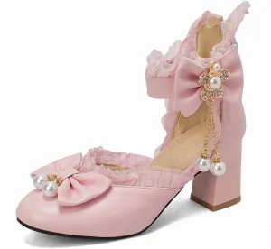 Women’s Kawaii Double Bow Tie Lolita Mary Jane D'Orsay Closed Pointed Toe Shoes Pearl Ankle Strap Zipper High Block Heel Lace Rhinestone Metallic Sweet Cute Pumps