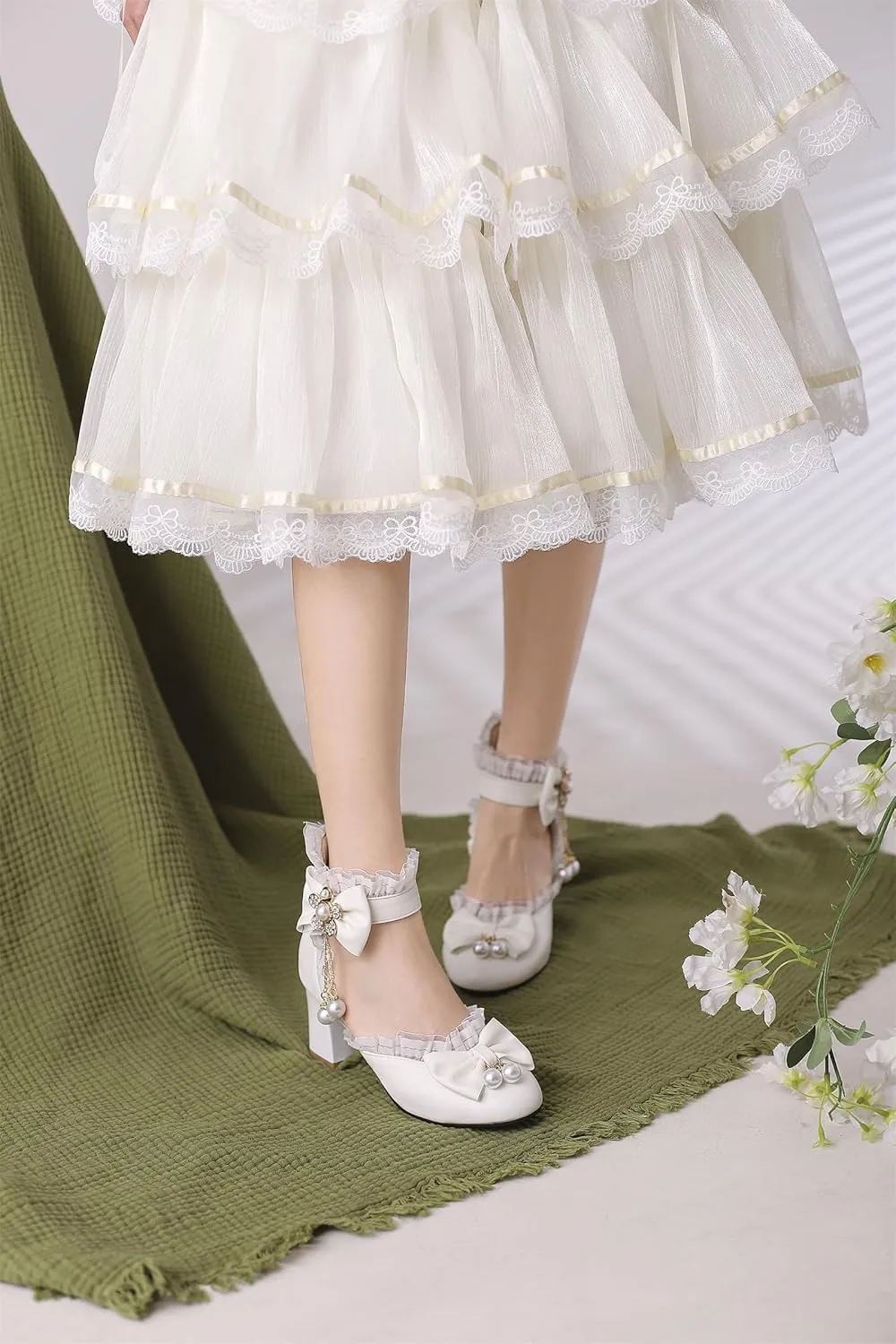 Women’s Kawaii Double Bow Tie Lolita Mary Jane D'Orsay Closed Pointed Toe Shoes Pearl Ankle Strap Zipper High Block Heel Lace Rhinestone Metallic Sweet Cute Pumps