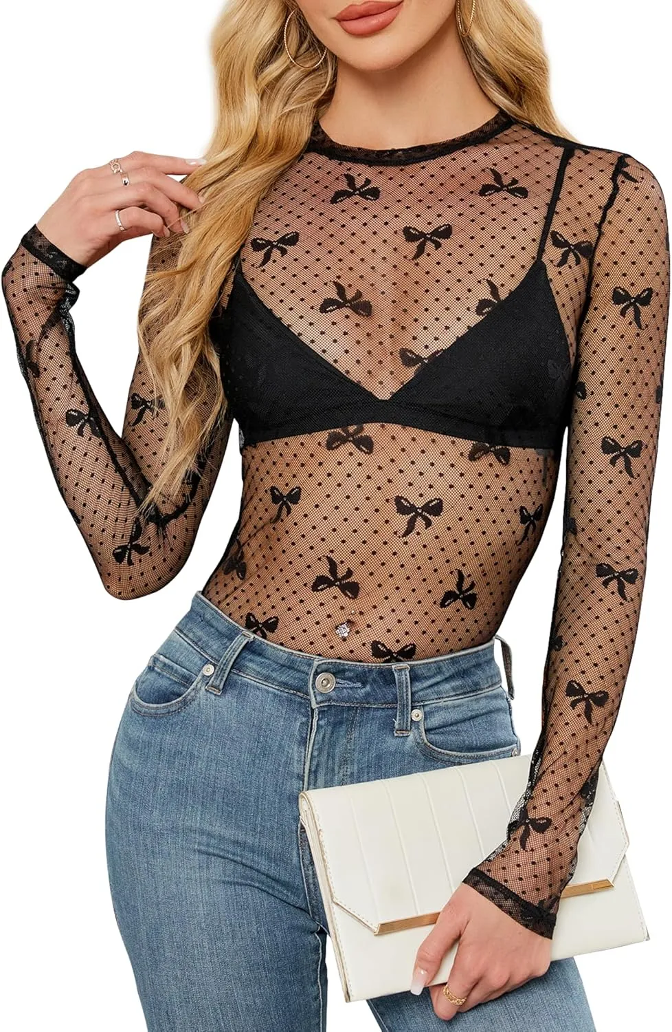 Women's Lace Long Sleeve Mesh Top Mock Neck Sheer Blouse See Through Floral Crochet Tops