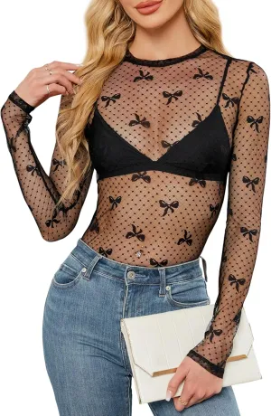 Women's Lace Long Sleeve Mesh Top Mock Neck Sheer Blouse See Through Floral Crochet Tops