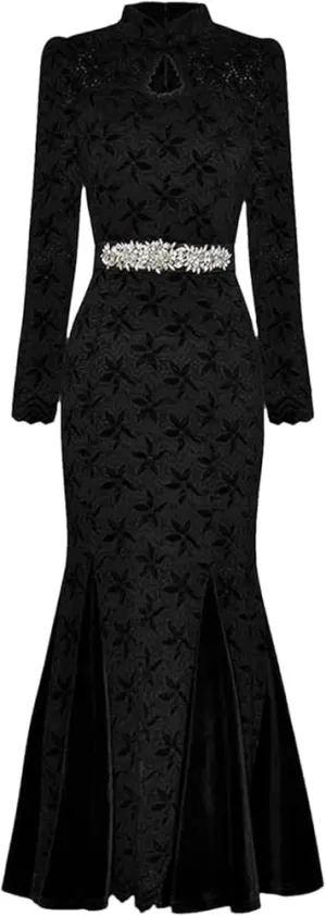 Women's Lace-Up Dress Stand Collar Long Sleeve Elegant Spring Evening Gown