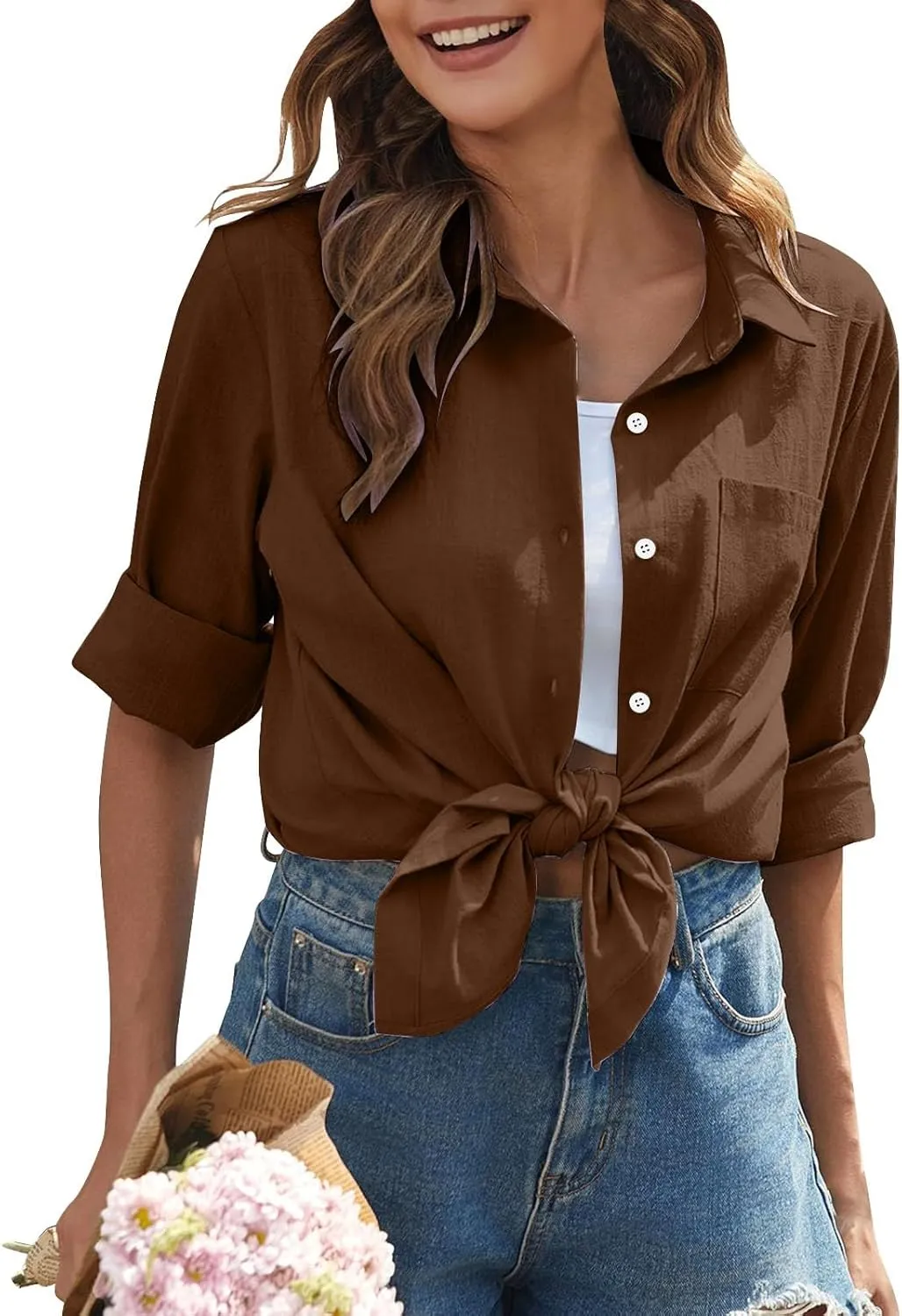Womens Linen Button Down Shirts Women's Retro Floral Art Print Casual Long Sleeve Long Sleeve Cotton Gauze Tops