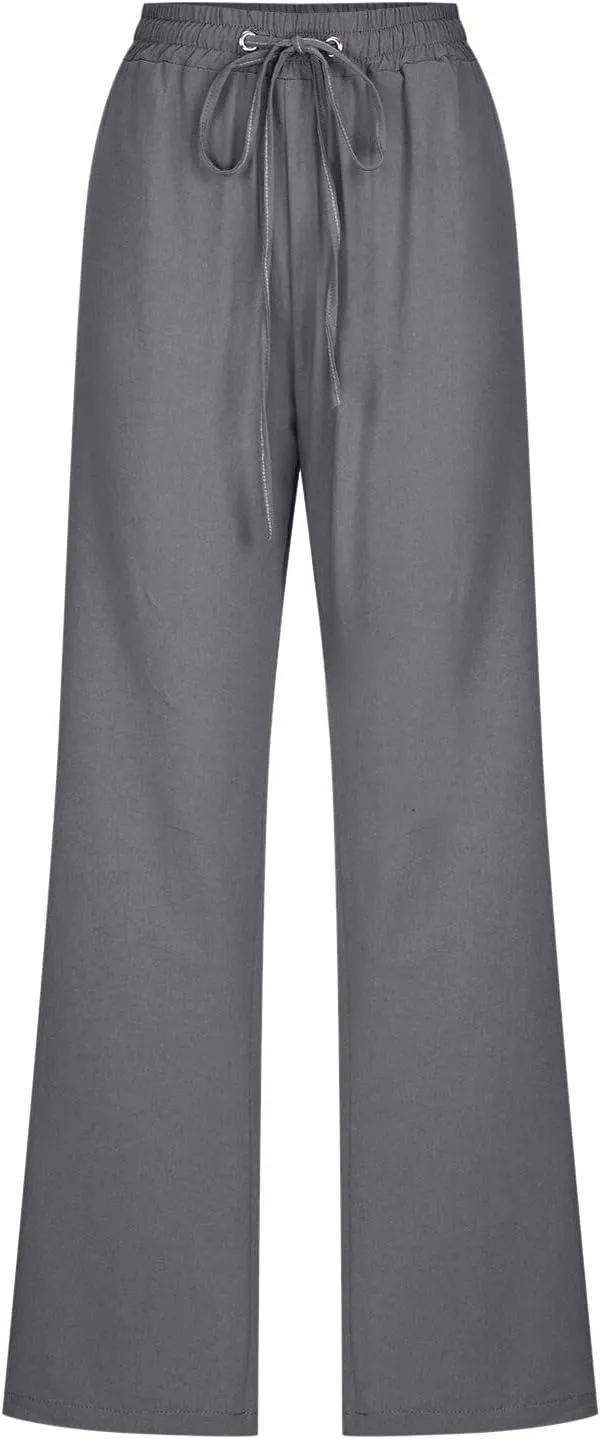 Womens Linen Summer Casual Pant Trousers Elastic Waist Long Lounge Slim Fit Palazzo Pants Trendy