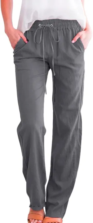 Womens Linen Summer Casual Pant Trousers Elastic Waist Long Lounge Slim Fit Palazzo Pants Trendy