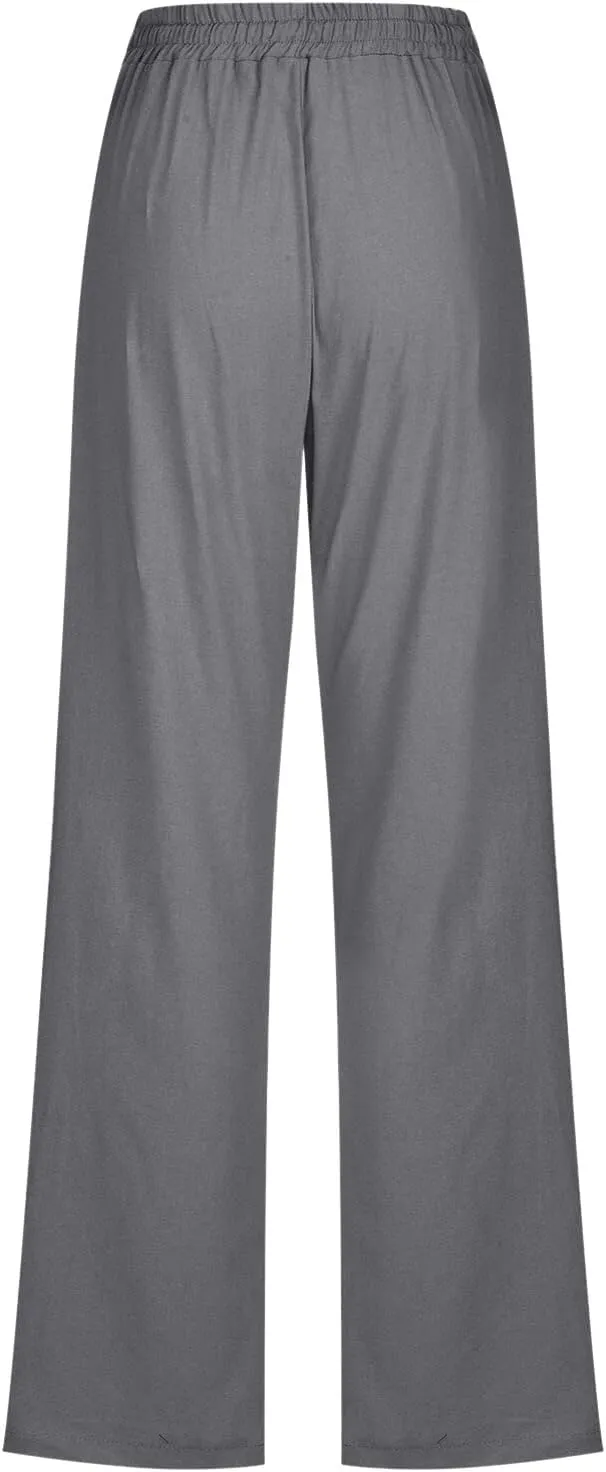 Womens Linen Summer Casual Pant Trousers Elastic Waist Long Lounge Slim Fit Palazzo Pants Trendy