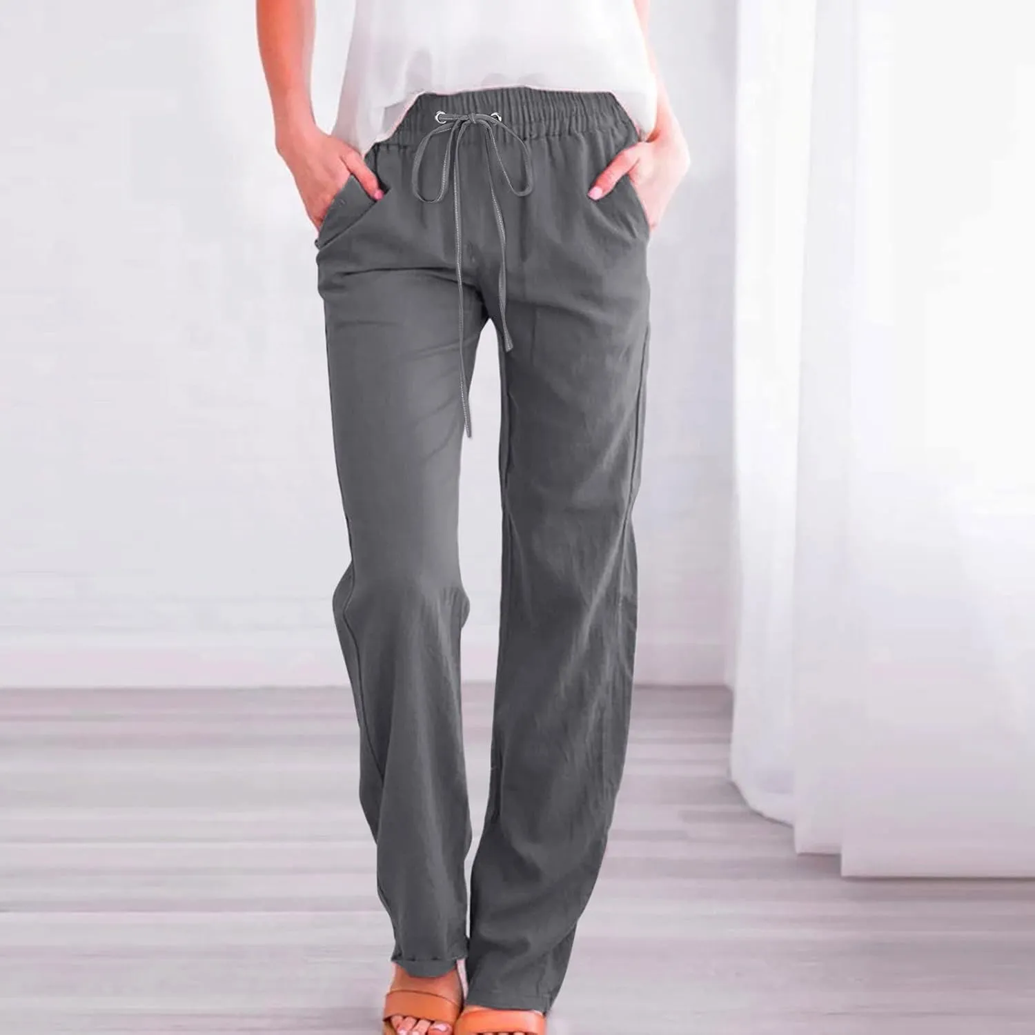 Womens Linen Summer Casual Pant Trousers Elastic Waist Long Lounge Slim Fit Palazzo Pants Trendy