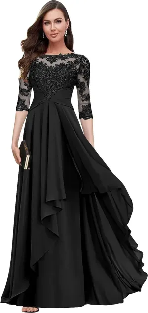 Women's Long Sleeves Mother of The Bride Dresses for Wedding Lace Applique Ruffled Chiffon Formal Evening Gowns