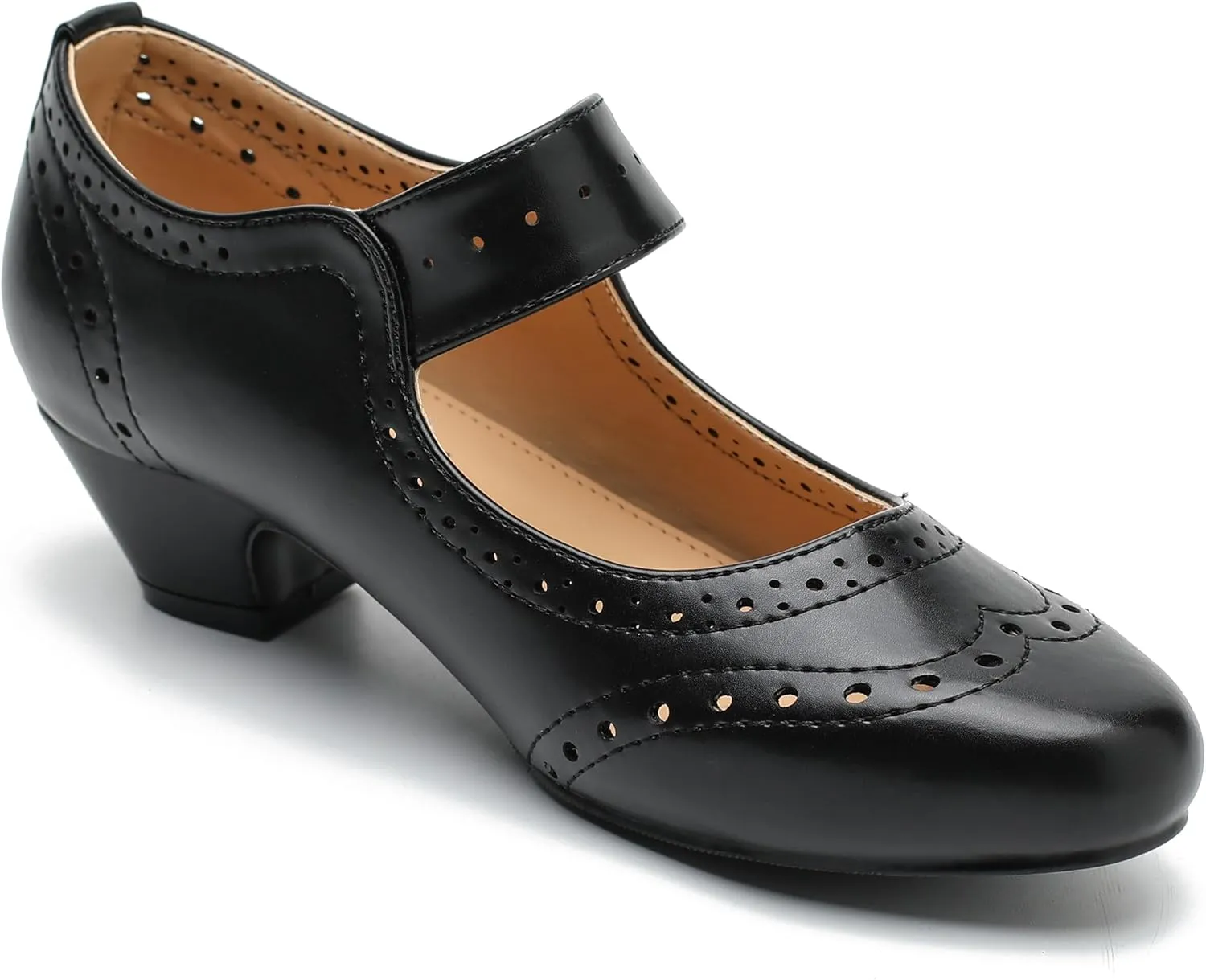 Women's Low Chunky Heel Ankle Strap Cut Out Closed Toe Pumps Hook and Loop Retro D'Orsay Vintage Dressy Wedding Party Church Shoes