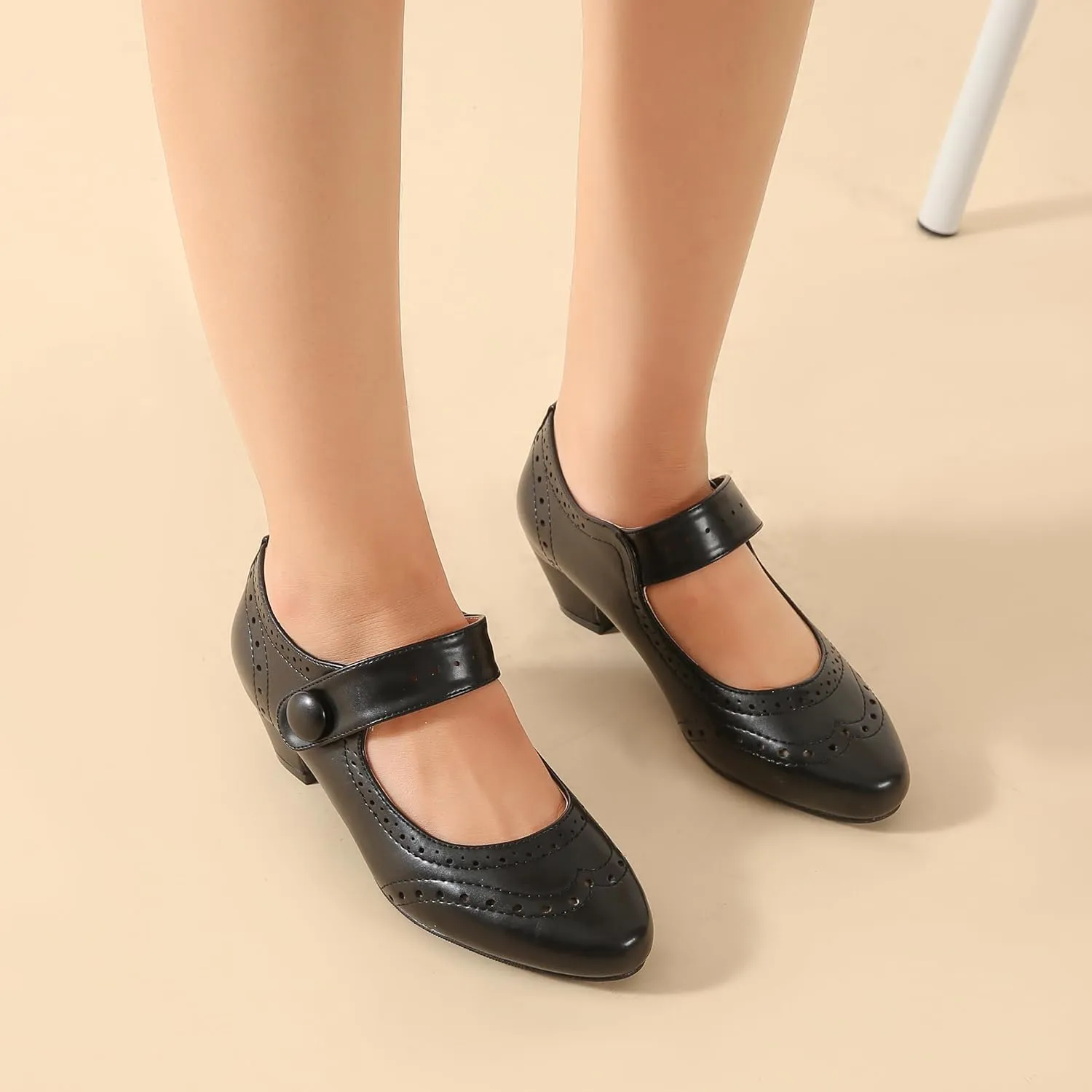 Women's Low Chunky Heel Ankle Strap Cut Out Closed Toe Pumps Hook and Loop Retro D'Orsay Vintage Dressy Wedding Party Church Shoes