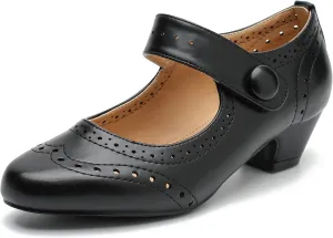 Women's Low Chunky Heel Ankle Strap Cut Out Closed Toe Pumps Hook and Loop Retro D'Orsay Vintage Dressy Wedding Party Church Shoes