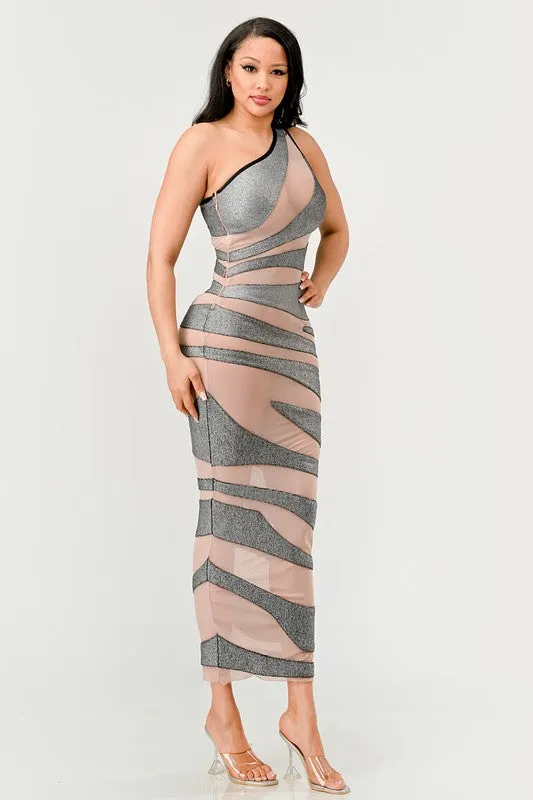 Women's Metallic Bandage Mesh Insert Maxi Dress