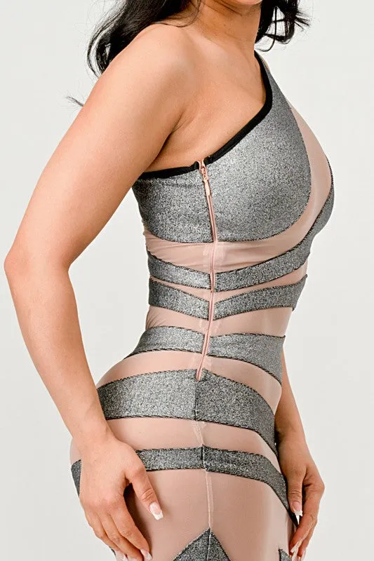 Women's Metallic Bandage Mesh Insert Maxi Dress