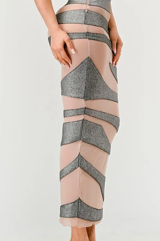 Women's Metallic Bandage Mesh Insert Maxi Dress