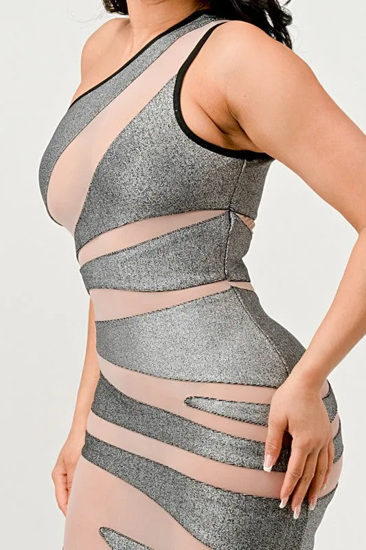 Women's Metallic Bandage Mesh Insert Maxi Dress