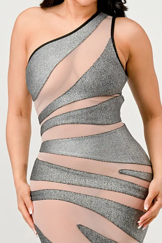Women's Metallic Bandage Mesh Insert Maxi Dress