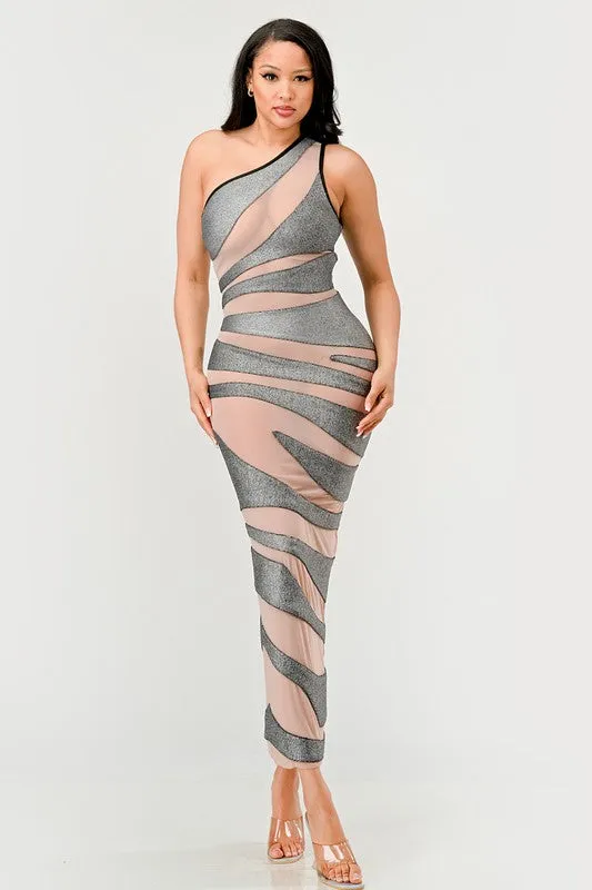 Women's Metallic Bandage Mesh Insert Maxi Dress