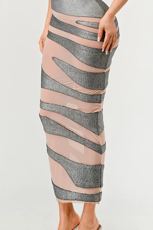 Women's Metallic Bandage Mesh Insert Maxi Dress