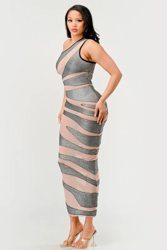 Women's Metallic Bandage Mesh Insert Maxi Dress