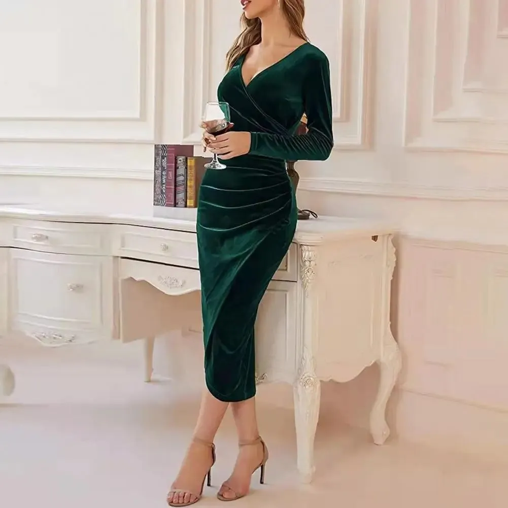 Women's Midi Dress - Velvet - V-Neck - Long Sleeve - Fitted Ruched Waist Elegant Style