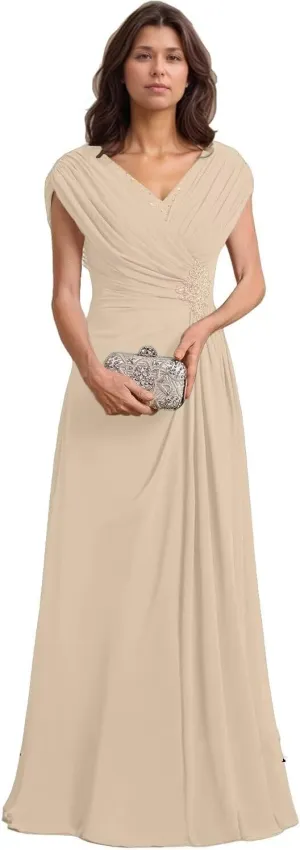 Women’s Mother of The Bride Dresses for Wedding Chiffon A-Line Beaded Pleats Elegant Formal Evening Gowns
