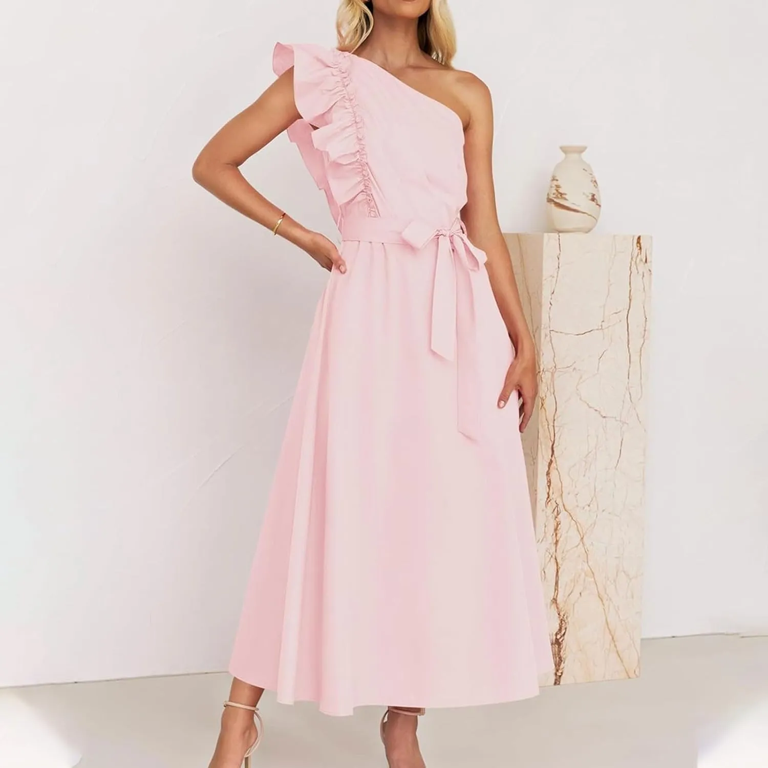 Womens One Shoulder Wedding Guest Dresses Fashion Ruffle Sleeveless Tie Long Dresses Elegant Modest Evening Party Dress