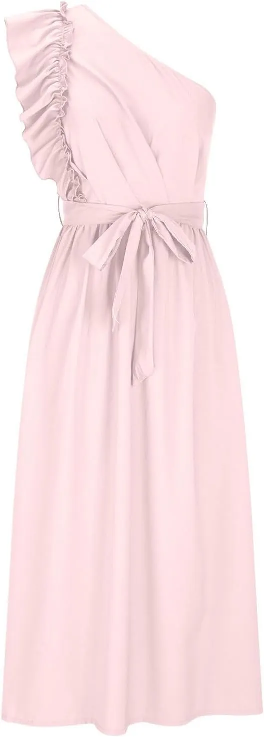 Womens One Shoulder Wedding Guest Dresses Fashion Ruffle Sleeveless Tie Long Dresses Elegant Modest Evening Party Dress
