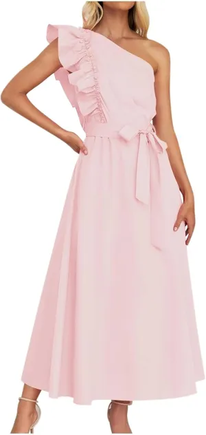 Womens One Shoulder Wedding Guest Dresses Fashion Ruffle Sleeveless Tie Long Dresses Elegant Modest Evening Party Dress