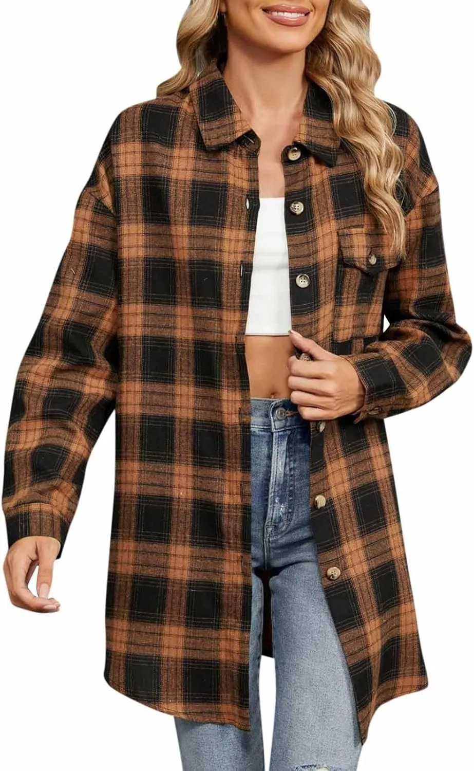 Womens Plus Size Button Down Flannel Plaid Long Sleeve Shirts Oversized Loose Casual Long Jacket Shacket Coats