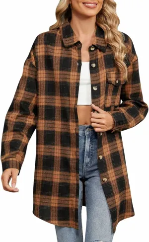 Womens Plus Size Button Down Flannel Plaid Long Sleeve Shirts Oversized Loose Casual Long Jacket Shacket Coats