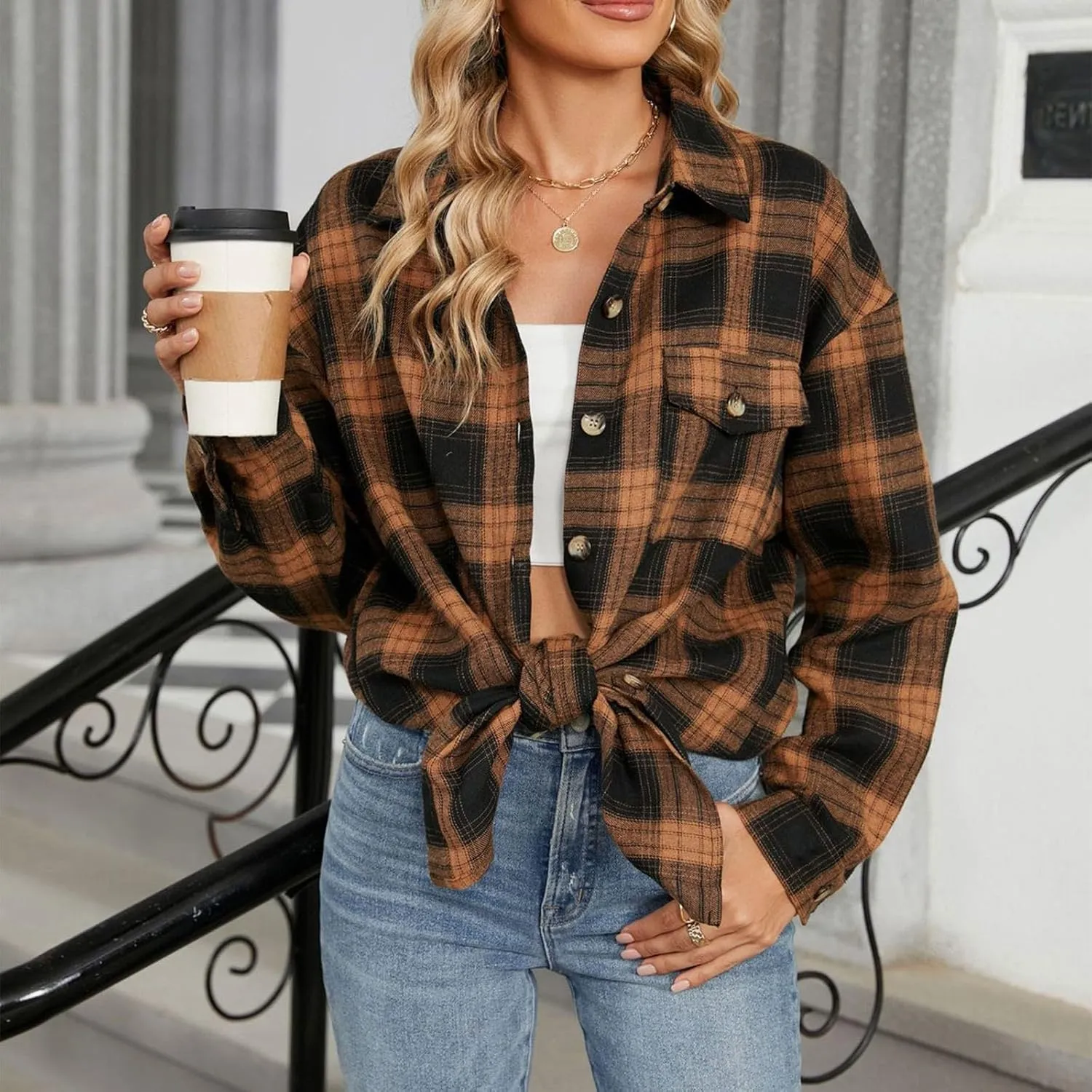 Womens Plus Size Button Down Flannel Plaid Long Sleeve Shirts Oversized Loose Casual Long Jacket Shacket Coats