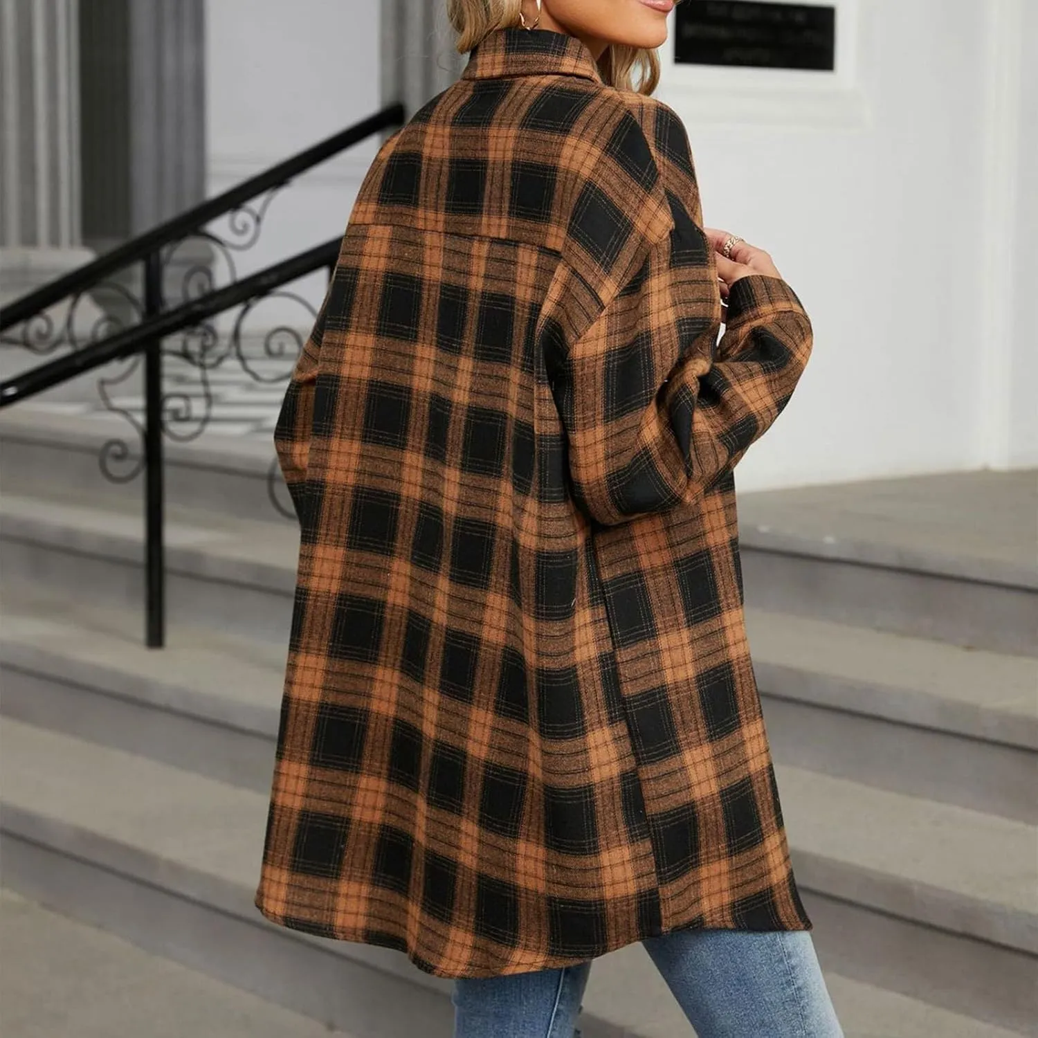 Womens Plus Size Button Down Flannel Plaid Long Sleeve Shirts Oversized Loose Casual Long Jacket Shacket Coats
