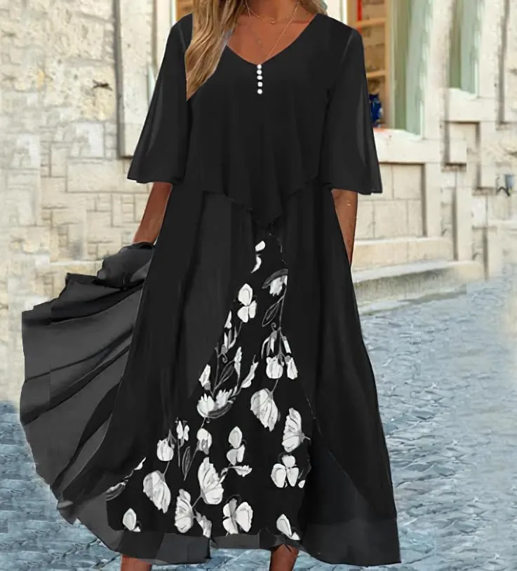 Women's Plus Size Elegant Flowy Chiffon Floral Maxi Dress V Neck Cocktail Party Wedding Guest Dresses